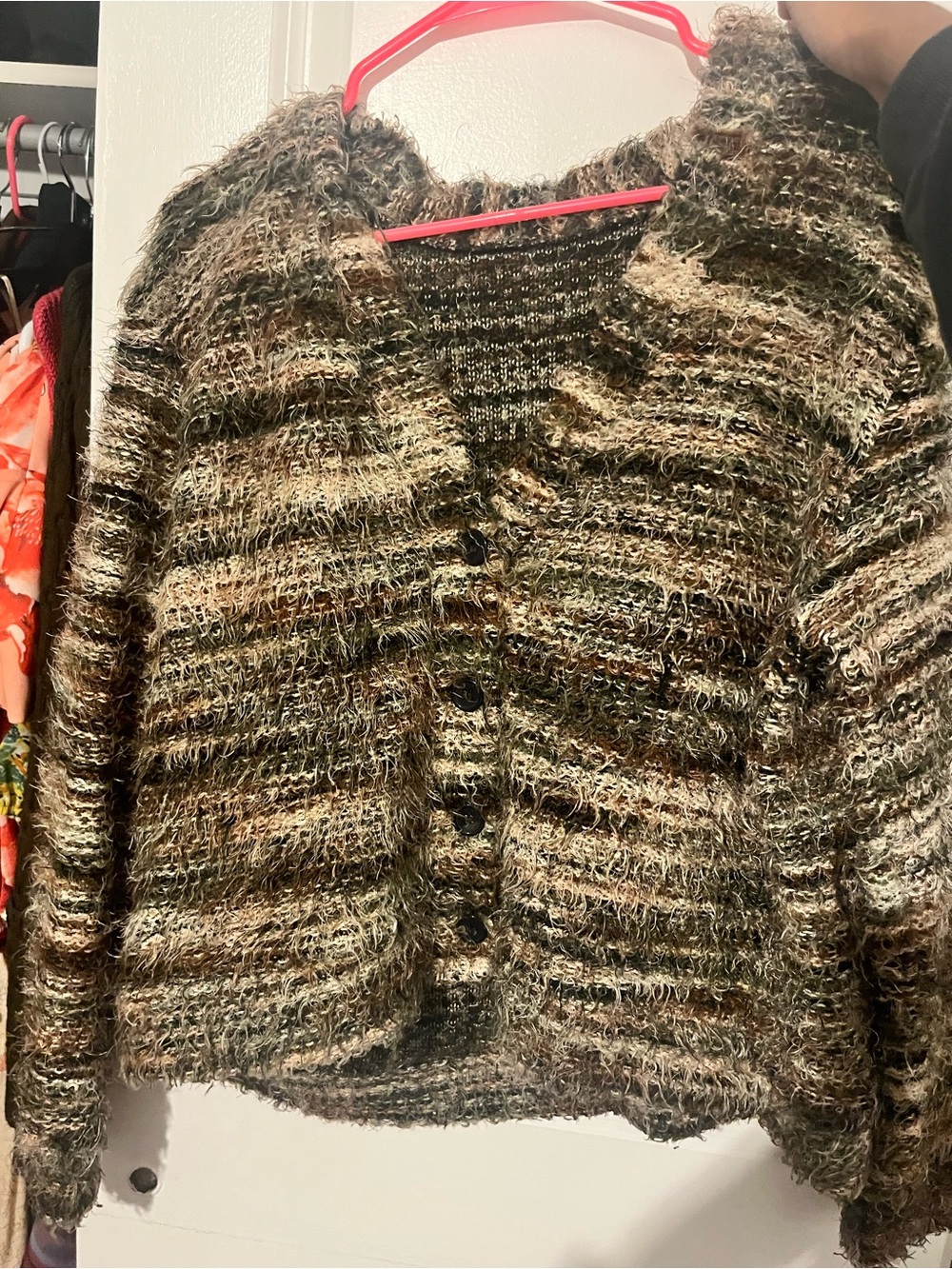 SHEIN Fuzzy Striped Knit Cardigan in Brown and Green Tones - Picture 2 of 2